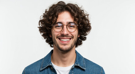 Obraz premium Young curly man with glasses on white background 