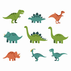 Adorable cartoon dinosaur collection in a flat design style, featuring T-Rex, Stegosaurus, Triceratops, Brontosaurus for children's projects.