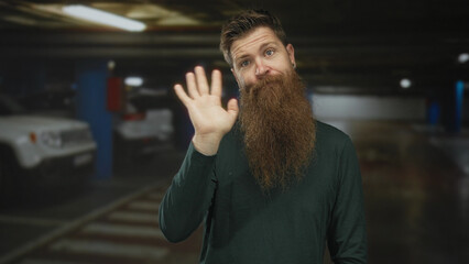Young caucasian man waves hand beside white car inside dimly lit parking building under fluorescent...