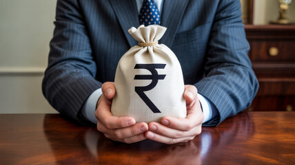 Professional businessman securely holds a drawstring money bag with the Indian Rupee symbol, symbolizing financial growth and investment opportunities.