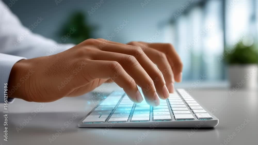 Aufkleber hands engage with a sleek keyboard in a modern office setting featuring soft lighting and greenery. 