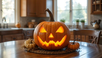 Smiling Jack-O’-Lantern in Kitchen