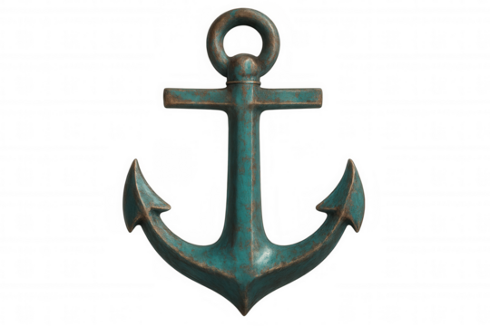 Old rusty green metal ship anchor isolated on transparent background, perfect for maritime-themed projects