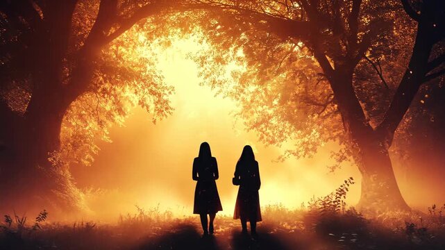 Silhouettes of two women walking through a magical glowing forest at sunset.