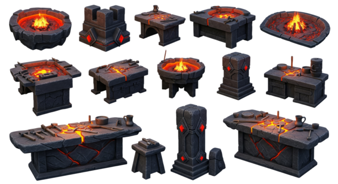 Collection of Medieval Forge and Fire Pit Structures with Glowing Embers