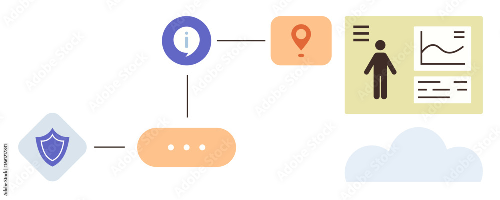 Poster shield for security, information icon, map pin, user profile, chart, cloud. ideal for data protectio