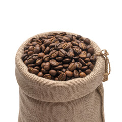 A burlap sack overflowing with dark roasted coffee beans, isolated on a transparent background. background removed