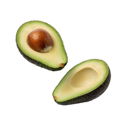Two halves of a ripe avocado, showcasing its creamy flesh and large pit, isolated against a transparent background. background removed