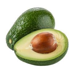 A whole avocado and a halved avocado with a visible pit, isolated on a transparent background. background removed