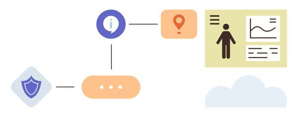 Shield for security, information icon, map pin, user profile, chart, cloud. Ideal for data protection, cybersecurity, user analysis location tracking privacy information systems secure data flow