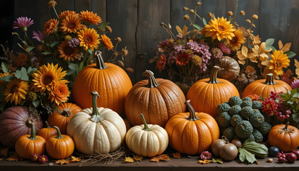 Colorful Harvest Pumpkins and Flowers
