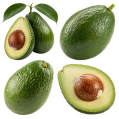 Four avocados, two whole and two halved, showcasing their vibrant green skin and creamy flesh. background removed