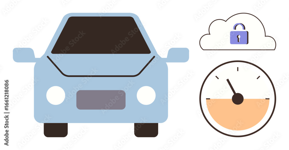 Poster blue car with cloud lock for secure connection and speedometer indicating performance or data tracki