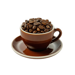 A brown cup filled with roasted coffee beans sits on a matching saucer against a transparent background. background removed