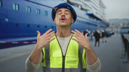 Young man in safety vest and hardhat cools down at a busy seaside port, standing near a large boat,...