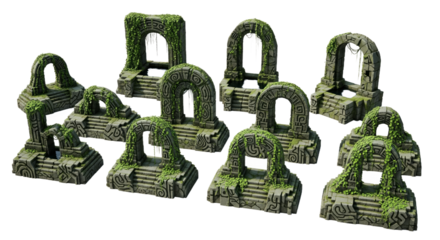 Collection of Overgrown Ancient Ruins with Stone Arches Surrounded by Greenery