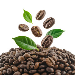 Roasted coffee beans with green leaves falling on a pile of beans, isolated on transparent background. background removed