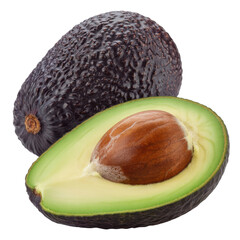 A whole and a halved dark-skinned avocado with a visible pit, isolated on a transparent background. background removed
