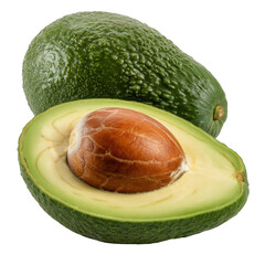 A whole and halved avocado with a visible pit, isolated on a transparent background. background removed
