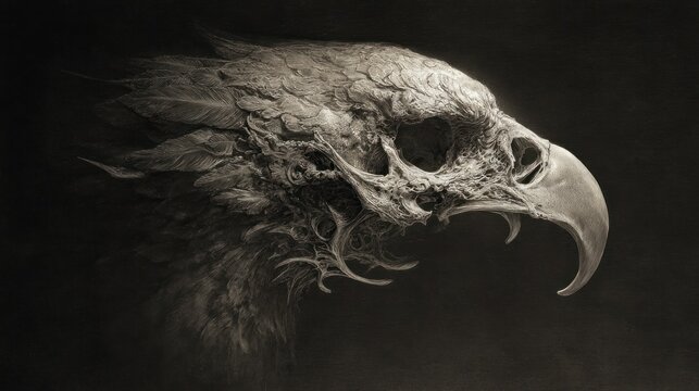 Eerie skull-like eagle head profile with remnants of feathers, dark background