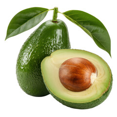 A whole avocado and a half with pit and leaves on a transparent background. background removed
