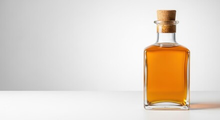 Fototapeta premium A clear glass bottle filled with amber liquid and a cork stopper on a white surface