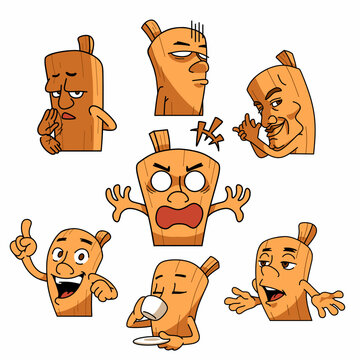  cartoon illustration of wood character with various expretion, illustration for mascot, stickers meme, tung tung tung sahur, brainrot character