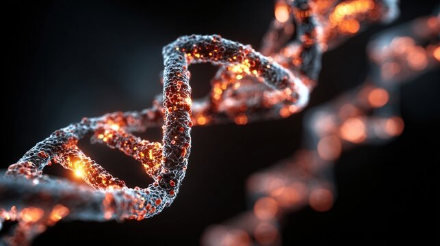 A close-up, glowing helix shape against a dark backdrop. The DNA double helix appears to be fiery