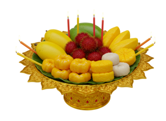 Balinese offering basket with fruits and incense sticks isolated on transparent background