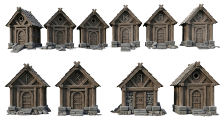 Collection of Traditional Wooden Houses with Stone Foundations and Thatched