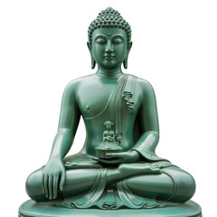 Serene green Buddha statue in meditation pose, holding a miniature Buddha. background removed