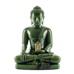 Serene green jade Buddha statue in meditative pose, holding a small golden amulet. background removed