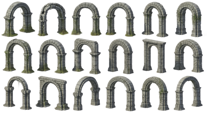 Collection of Weathered Stone Archways from Historical Ruins with Nature