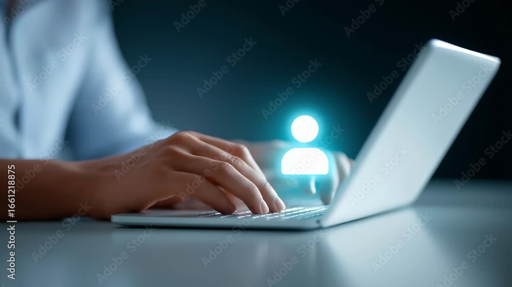 Aufkleber person typing on laptop in dimly lit workspace while illuminated user group icon appears in backgrou