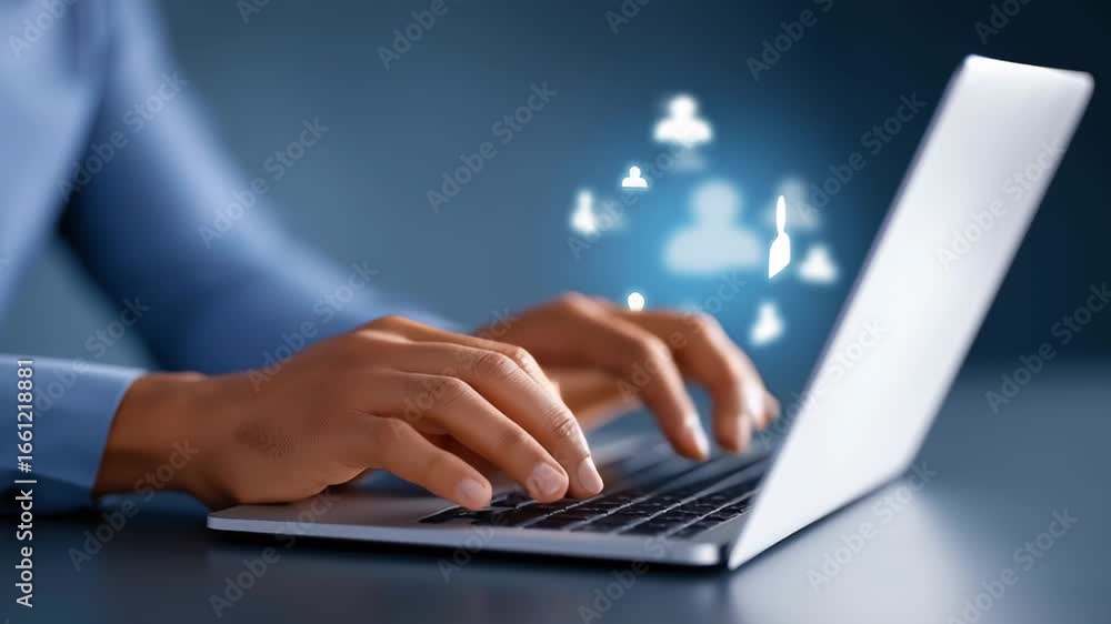 Poster hands typing on laptop with user group icon appearing above. indoor setting with dark backdrop. conc