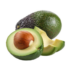 A whole avocado and a halved avocado with a seed and slices, isolated on a transparent background. background removed