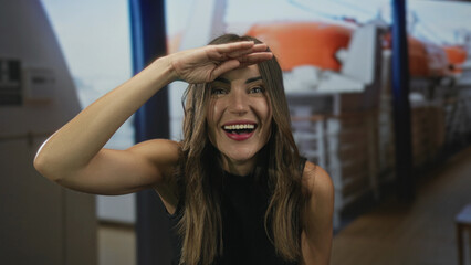 Woman shading eyes with raised arm and hand to forehead on sunlit boat deck near railing under...
