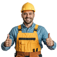 Happy construction worker giving thumbs up, wearing yellow hardhat and overalls. background removed
