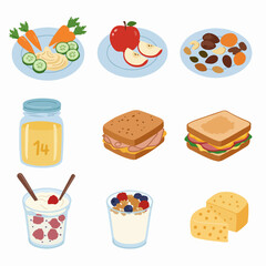 Collection of various healthy food items, including fruits, vegetables, sandwiches, yogurt, and snacks, perfect for a balanced diet illustration