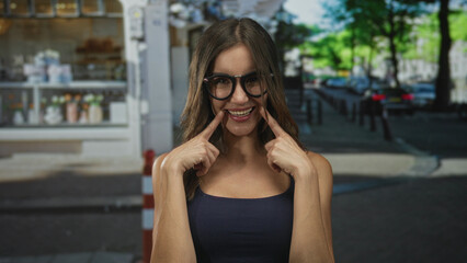 Fototapeta premium Woman points finger to smile on a city street in front of a cafe storefront, wearing glasses; playful confidence charm.
