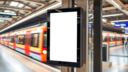 A vertical digital screen with a white layout at a metro station. In the background is a blurred train movement. A modern scene of urban advertising and transport.