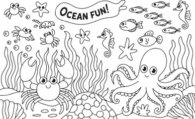 Playful Ocean Creatures, Hand-drawn Crab, Lobster, Fish, and Octopus Design