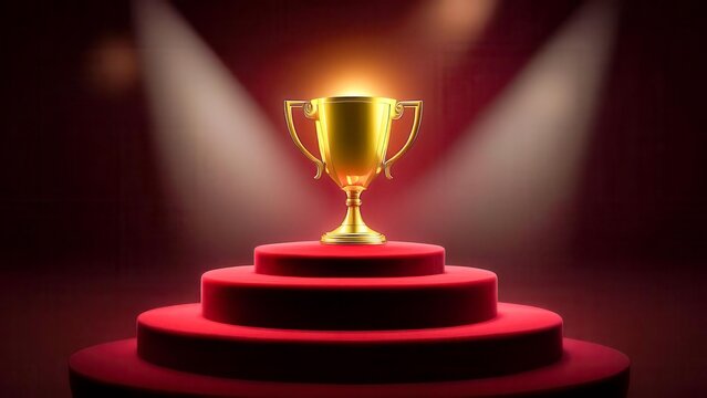 A shining gold trophy on a velvet podium under spectacular lighting. An elegant stage with an emphasis on success and prestige. The theme of an award, leadership, motivation.
