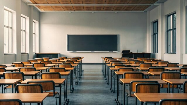 Class without students and teacher, closed due to holidays. Empty desks, silence and a sense of change. Perfect for topics like education, quarantine and pandemic consequences.