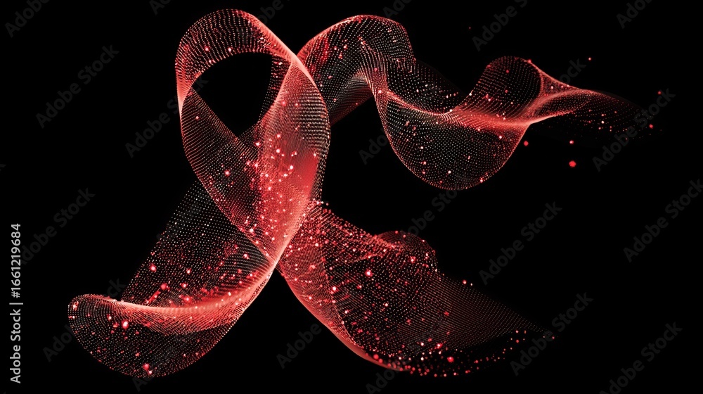 Poster dynamic red particle wave flows with glowing embers on black background, abstract energy