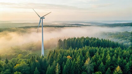 A modern wind turbine in the pine fog symbolizes an ecological approach. Clean energy production. Renewable sources in action.