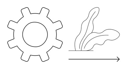 Mechanical gear beside growing plant and arrow indicating direction or progress. Ideal for sustainability, innovation, eco-friendly practices, growth, direction, transformation, and industry