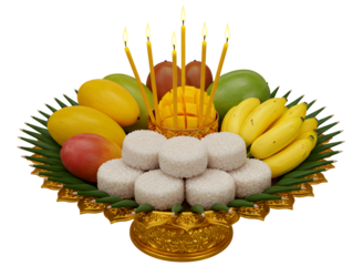 Religious offering tray with fruits and candles isolated on transparent background