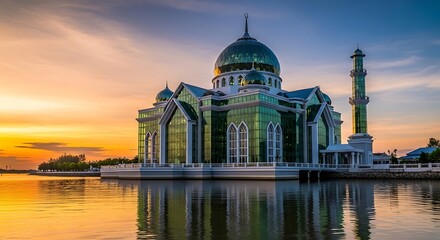 Naklejka premium Mesmerizing sunset casts a golden glow over a majestic floating mosque with a vibrant green dome, creating a serene and picturesque reflection on the calm waters at dusk.