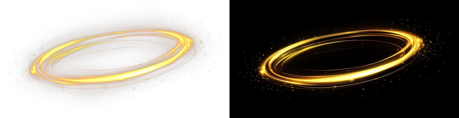 Neon round energy circle with glowing spark and brilliant shine, electric flash and lightning effects over futuristic space background, night magic gold overlay, png.
